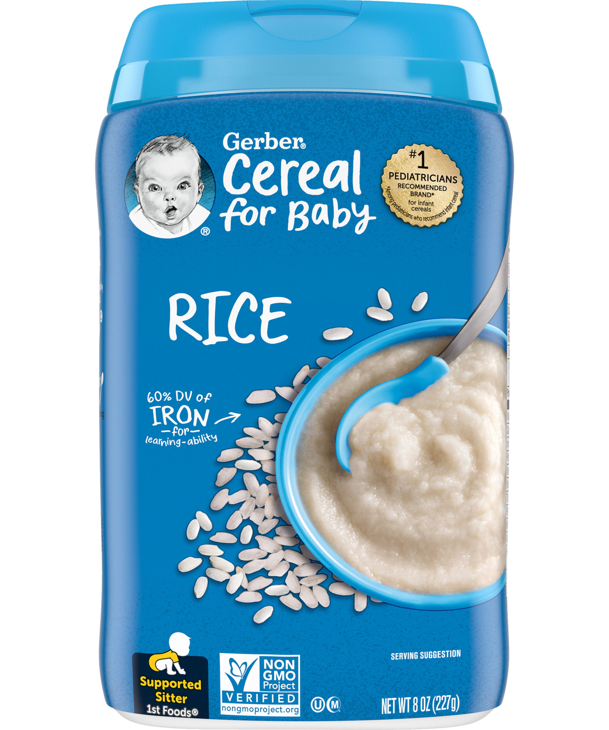 Gerber Single Grain Rice Cereal – Supported Sitter First Foods for 6+ Months – Fortified with Iron, Calcium, Zinc & B Vitamins – Gluten-Free Baby Cereal (227g) - MINIMEE KIDS