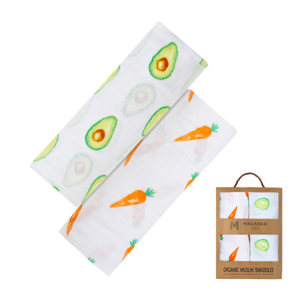 Malabar Baby Organic Muslin Swaddle - First Foods (Carrot & Avocado) | Soft, Breathable | 120*120 cm