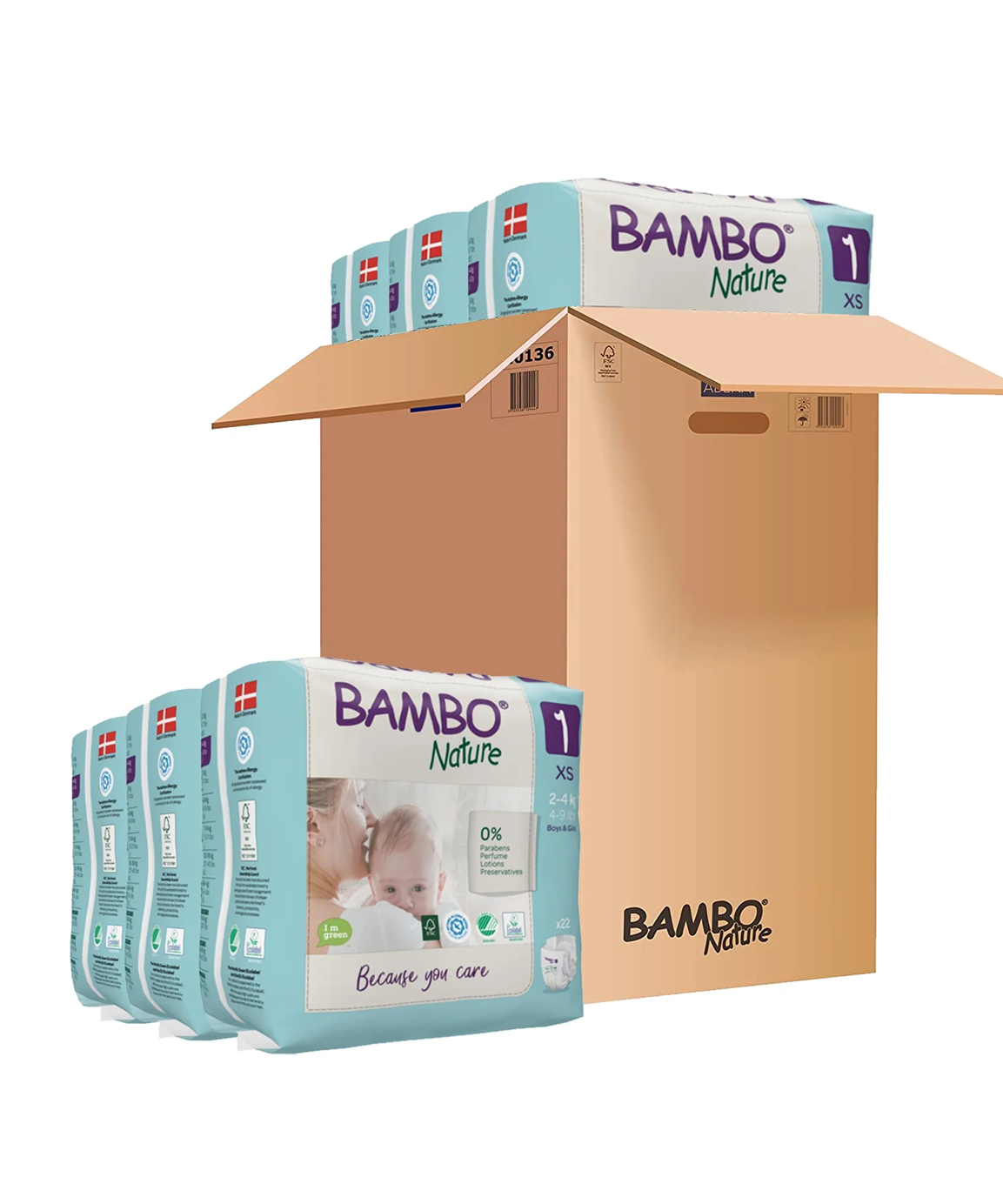 Bambo Nature Skin-Friendly Tape Diapers Size 1 (XS) for Babies (2-4 kg) | Eco-Friendly Danish Diapers | 100% Breathable & Hypoallergenic | Available in Single Pack (22ct) & Monthly Value Box (132ct) - MINIMEE KIDS