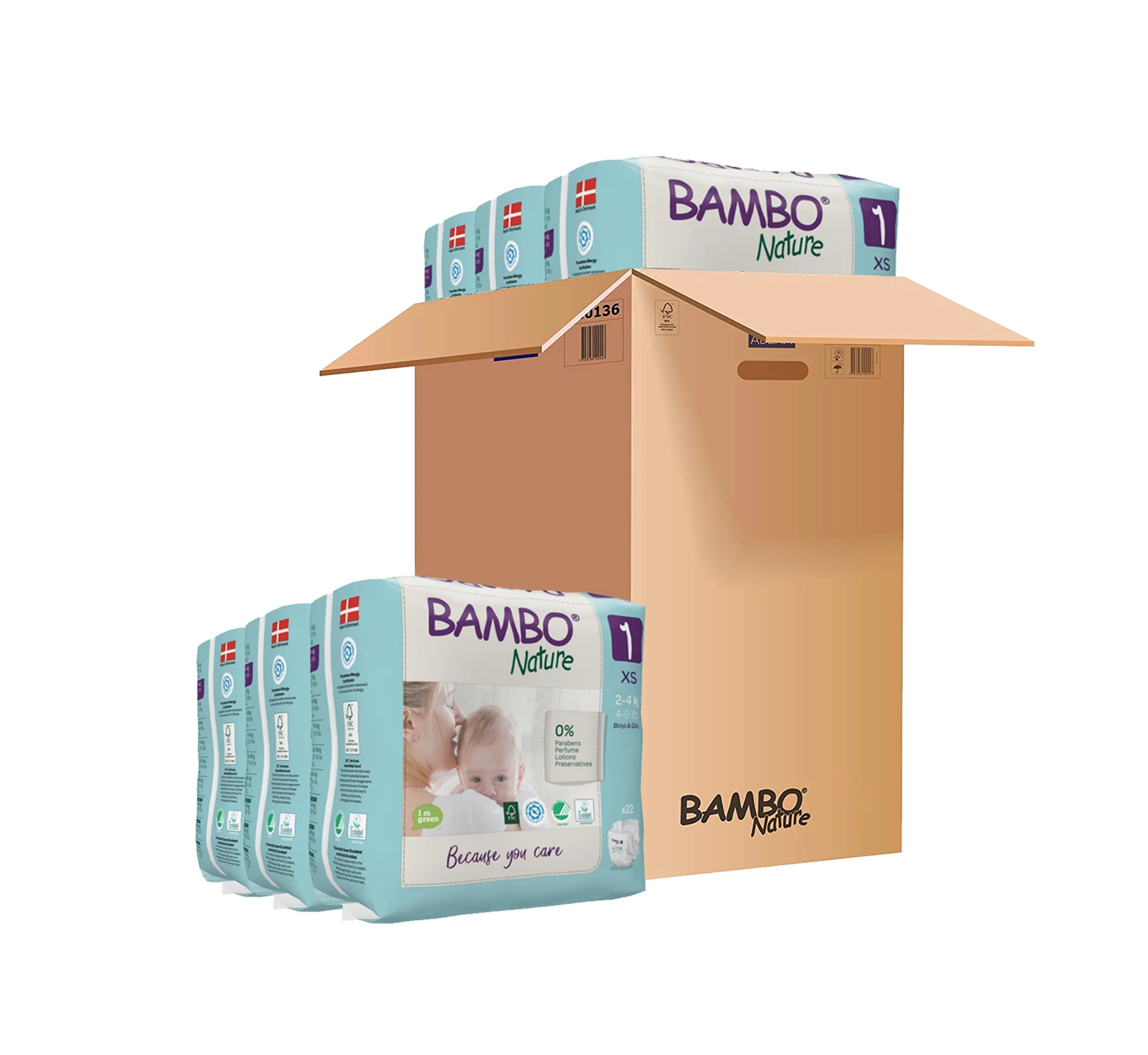 Bambo Nature Skin-Friendly Tape Diapers Size 1 (XS) for Babies (2-4 kg) | Eco-Friendly Danish Diapers | 100% Breathable & Hypoallergenic | Available in Single Pack (22ct) & Monthly Value Box (132ct) - MINIMEE KIDS