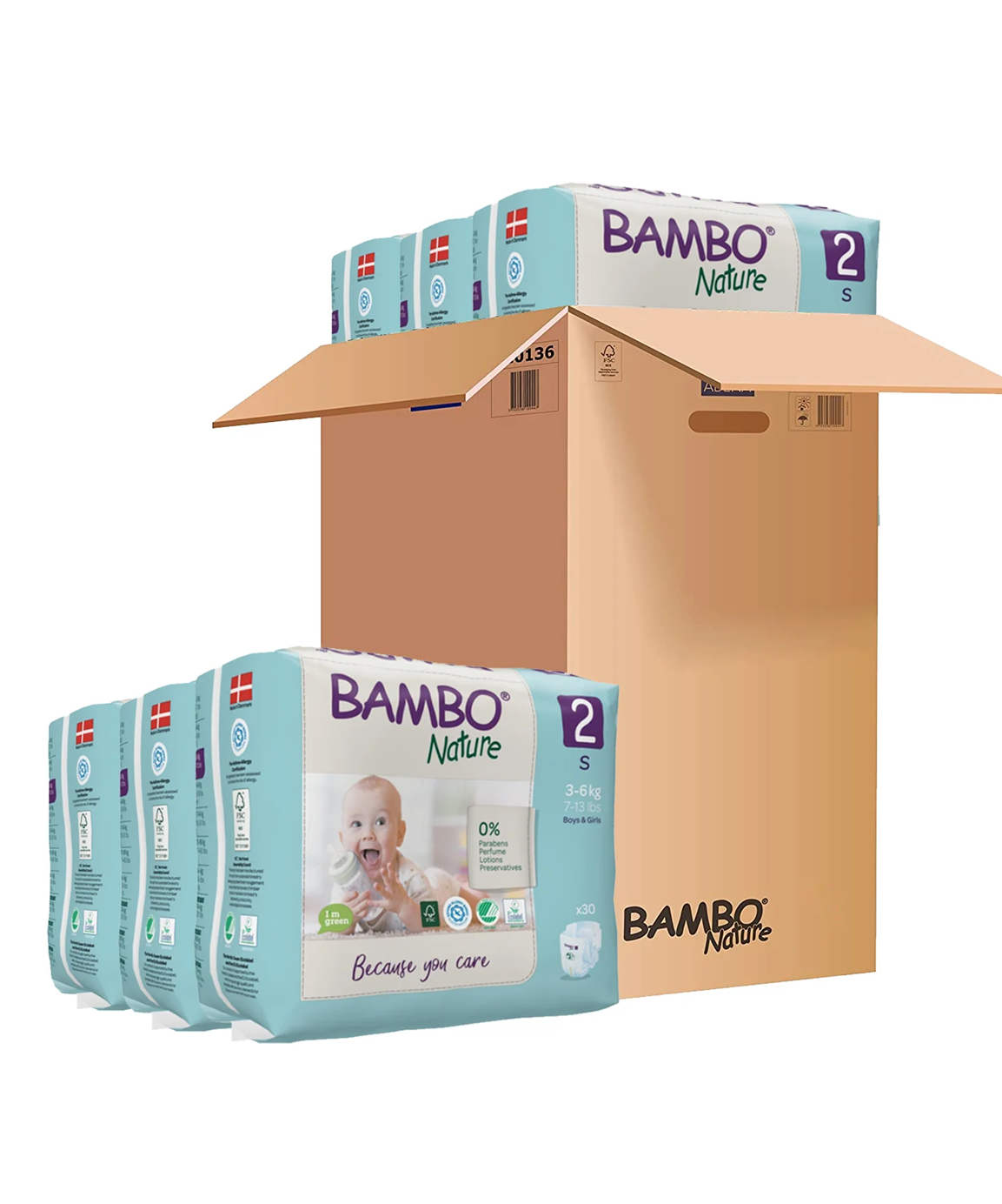 Bambo Nature Skin-Friendly Tape Diapers Size 2 - Small (S) for Babies (3-6 kg) | Premium Danish Eco-Friendly Diapers | 100% Breathable & Hypoallergenic | Available in 30ct & 180ct Packs - MINIMEE KIDS