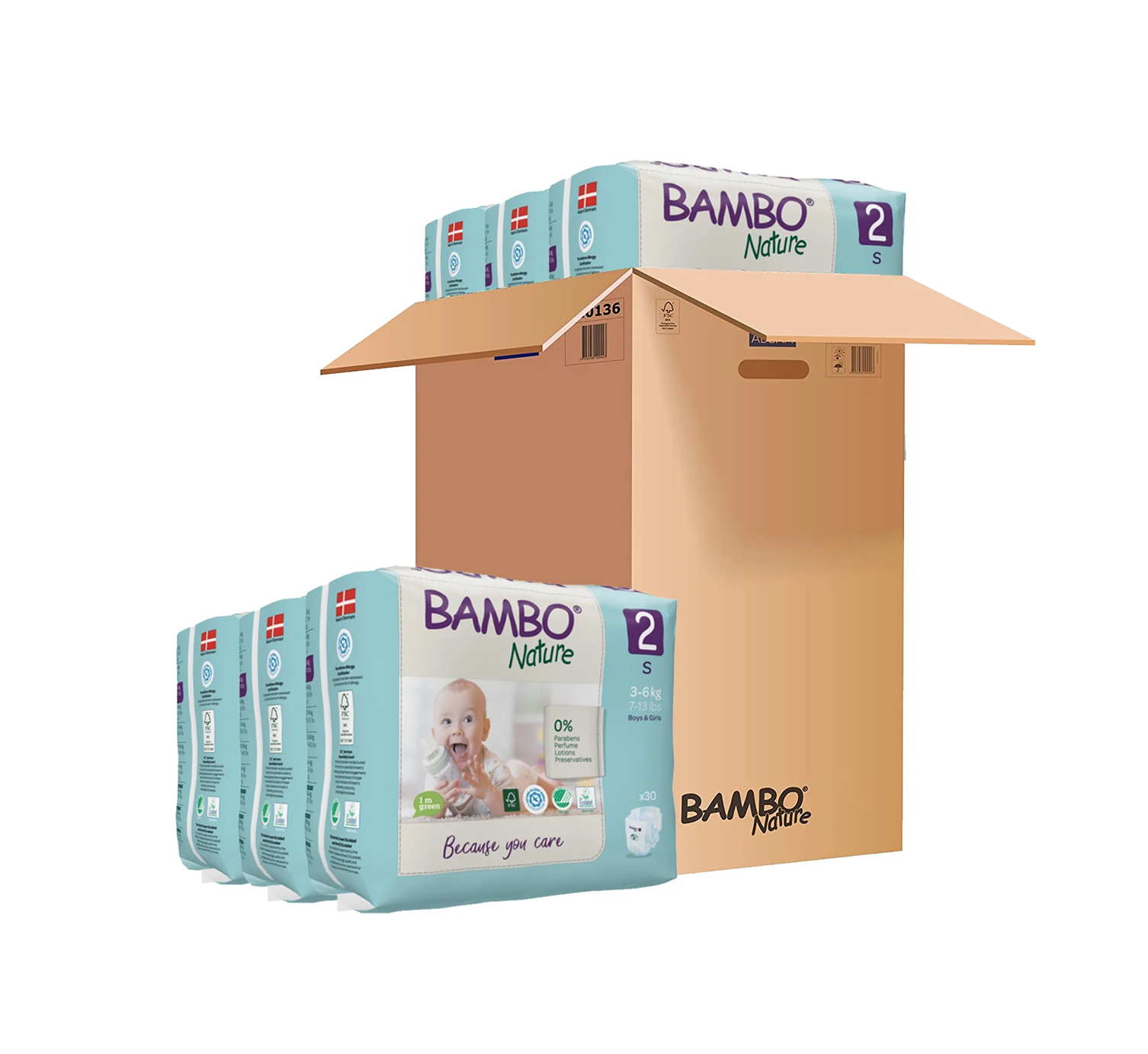 Bambo Nature Skin-Friendly Tape Diapers Size 2 - Small (S) for Babies (3-6 kg) | Premium Danish Eco-Friendly Diapers | 100% Breathable & Hypoallergenic | Available in 30ct & 180ct Packs - MINIMEE KIDS