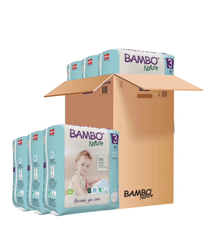 Bambo Nature Skin-Friendly Tape Diapers Size 3 - Medium (M) for Babies (4-8 kg) | Premium Eco-Friendly Danish Diapers | Available in Single Pack (28 count) & Monthly Value Pack (168 count) - MINIMEE KIDS