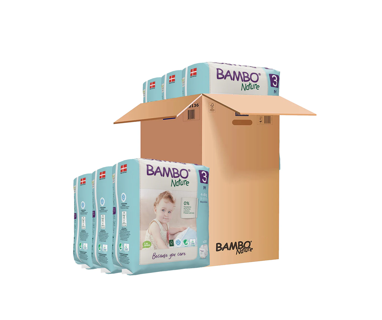 Bambo Nature Skin-Friendly Tape Diapers Size 3 - Medium (M) for Babies (4-8 kg) | Premium Eco-Friendly Danish Diapers | Available in Single Pack (28 count) & Monthly Value Pack (168 count) - MINIMEE KIDS