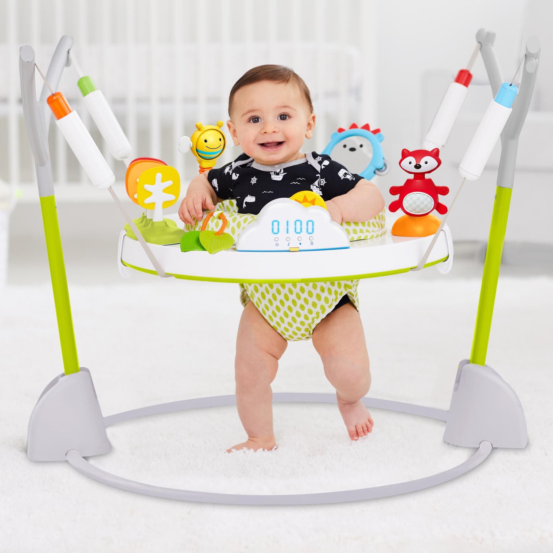 Skip Hop Explore & More Jumpscape Fold-Away Jumper with Light-Up Cloud Bounce Counter & 20+ Developmental Activities | Foldable Baby Activity Center | 360° Rotating Seat | JPMA Certified