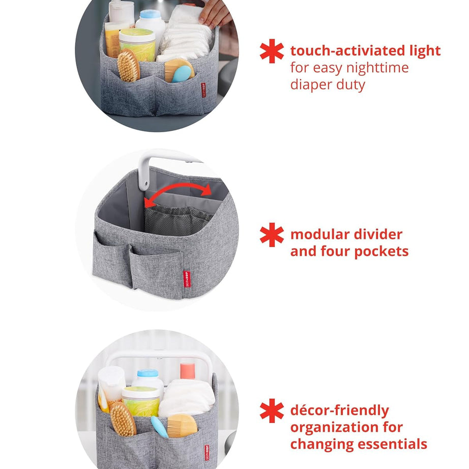 Skip Hop Light Up Diaper Caddy | Portable Organizer with Soft Light & Customizable Storage | Heather Grey