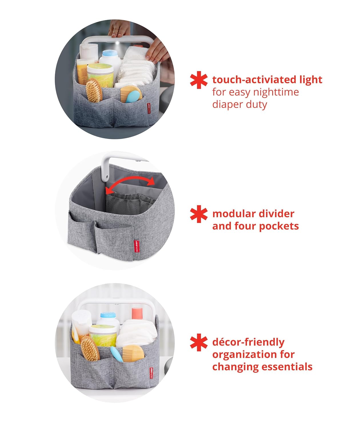 Skip Hop Light Up Diaper Caddy | Portable Organizer with Soft Light & Customizable Storage | Heather Grey
