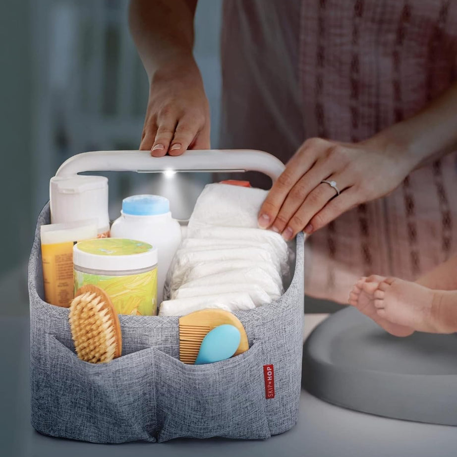 Skip Hop Light Up Diaper Caddy | Portable Organizer with Soft Light & Customizable Storage | Heather Grey