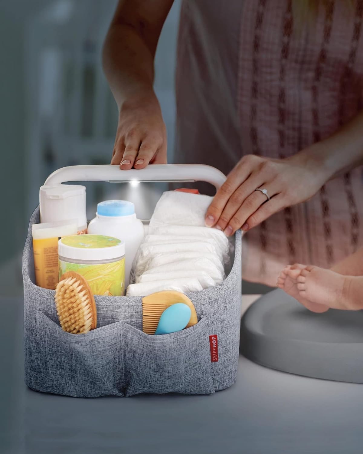 Skip Hop Light Up Diaper Caddy | Portable Organizer with Soft Light & Customizable Storage | Heather Grey
