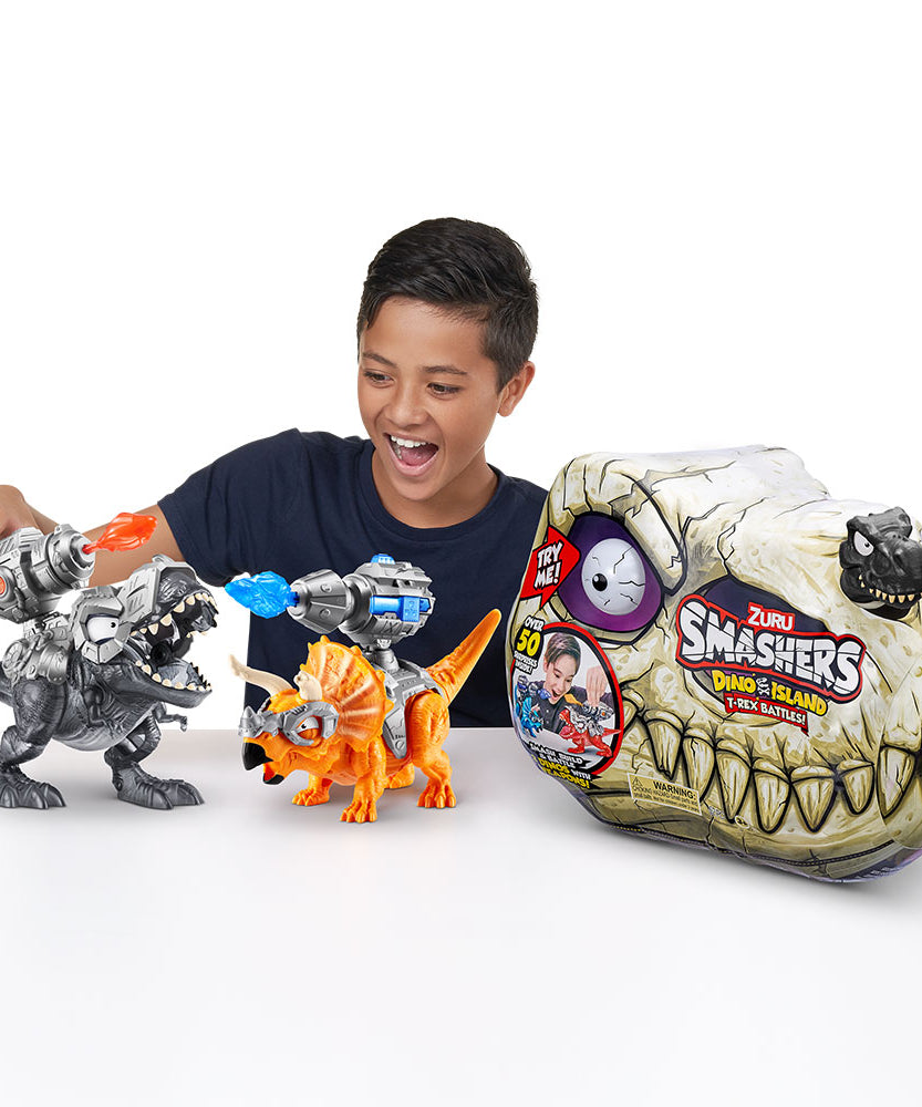 Zuru Smashers Dino Island T-Rex Battles! for 3+ Years | 52 Piece Dino Set | Smash, Build, & Battle with 2 Dinos & Weapons