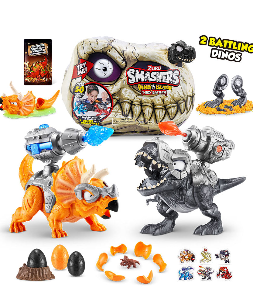 Zuru Smashers Dino Island T-Rex Battles! for 3+ Years | 52 Piece Dino Set | Smash, Build, & Battle with 2 Dinos & Weapons