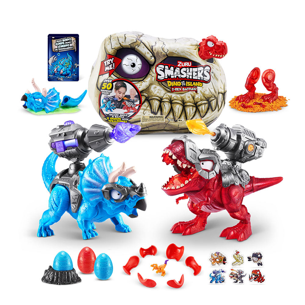 Zuru Smashers Dino Island T-Rex Battles! for 3+ Years | 52 Piece Dino Set | Smash, Build, & Battle with 2 Dinos & Weapons