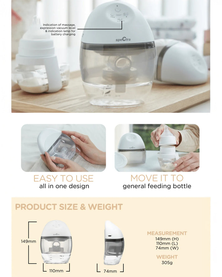 Spectra Wearable Electric Breast Pump – Hands-Free, Wireless & Portable | Rechargeable, Silent Pump with 5 Massage & Expression Modes, Backflow Protection, and 4-Hour Battery Life