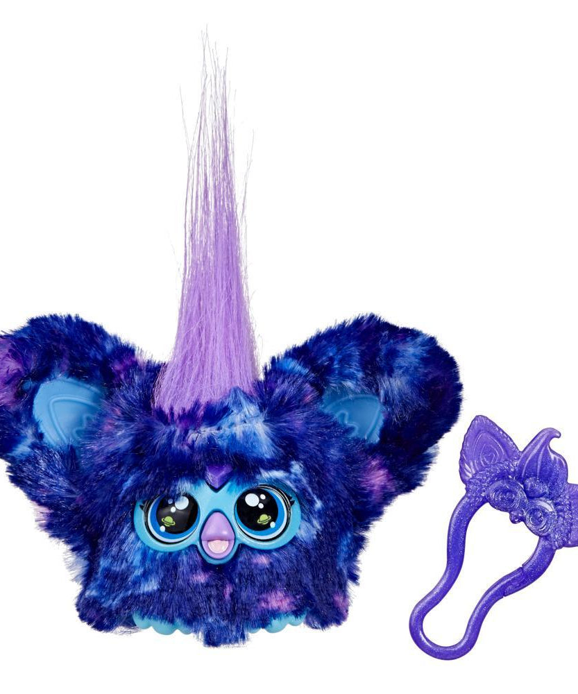 Blue and purple plush toy with a unicorn horn and butterfly clip on a white background