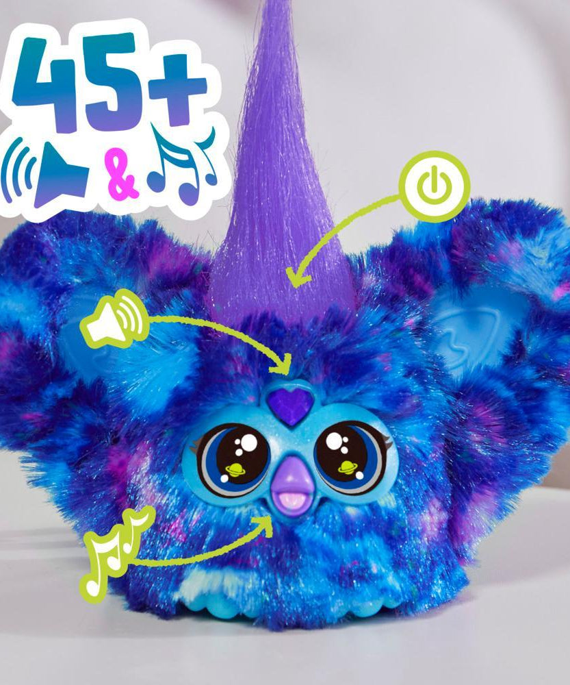 Colorful fluffy toy with features highlighted on a white background