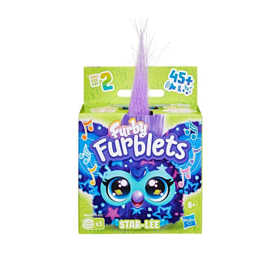 Furry Furblets toy packaging with a purple-haired character on a white background