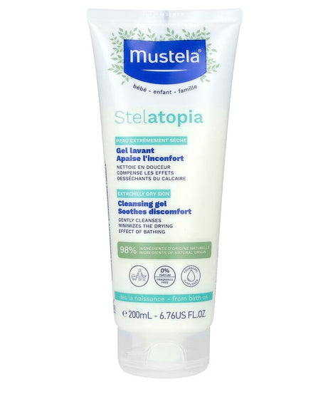 Mustela Stelatopia Cleansing Gel for Extremely Dry Baby Skin - 200ml | Gently Soothes, Hydrates & Protects | 98% Natural Origin Ingredients | Fragrance-Free Baby Wash from Birth Onwards - MINIMEE KIDS