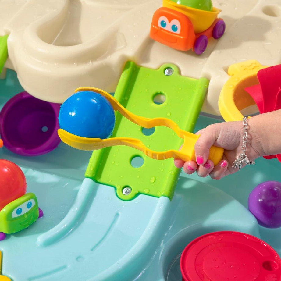 Step2 Ball Buddies Adventure Center Water Table - Two-Tier Water Play Table with Dump Truck, Train, Boat & Helicopter Toys | 22-Piece Accessory Set | For Toddlers 2+ Years | Outdoor Sensory STEM Activity Table