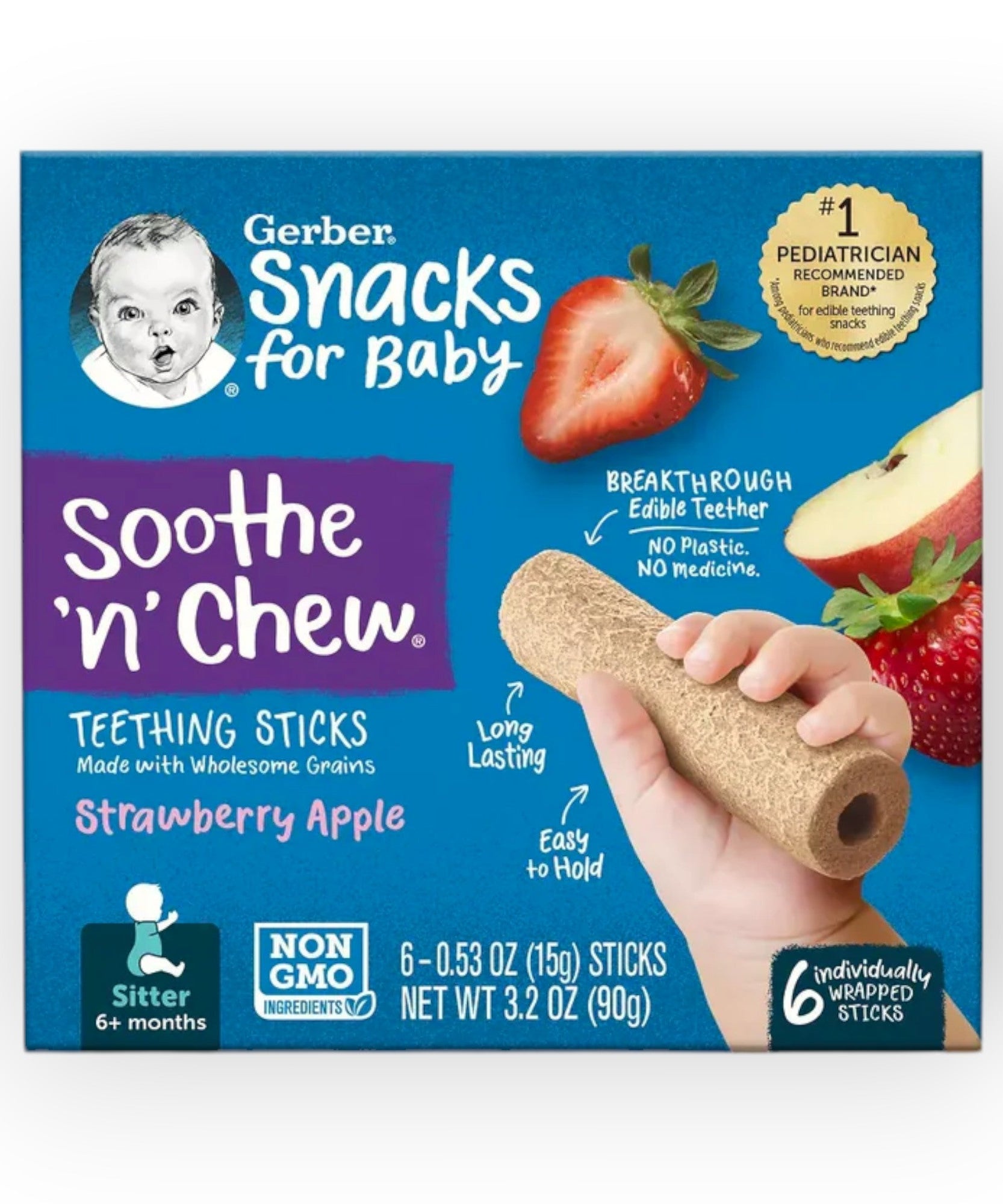 Gerber Snacks for Gerber Snacks for Baby Soothe 'n' Chew Teething Sticks - Strawberry Apple | 6+ Months | 6 Individually Wrapped Sticks | 90g | Gentle on Teething Gums