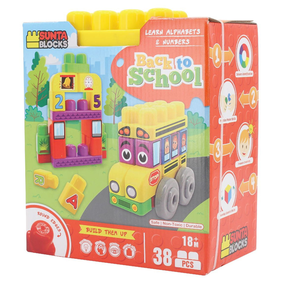 Sunta Blocks - Back to School | Learn Alphabets & Numbers | 38 Pieces Building Block Toy for Ages 18+ Months