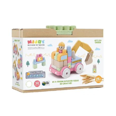 Mijoy Excavator Rice Husk Toy Blocks - 40 Pieces Construction Excavator Building Blocks Toy for 18+ Months | Eco-Friendly & Safe