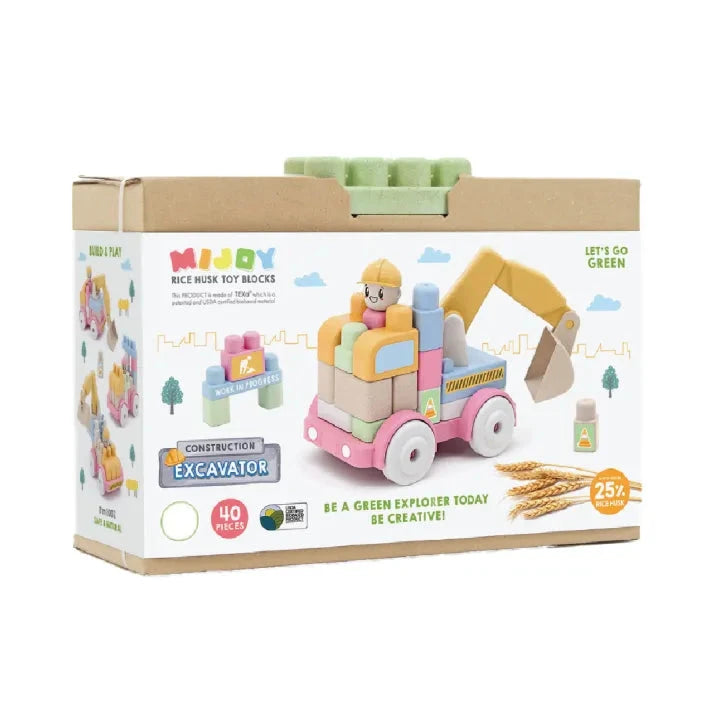 Mijoy Excavator Rice Husk Toy Blocks - 40 Pieces Construction Excavator Building Blocks Toy for 18+ Months | Eco-Friendly & Safe