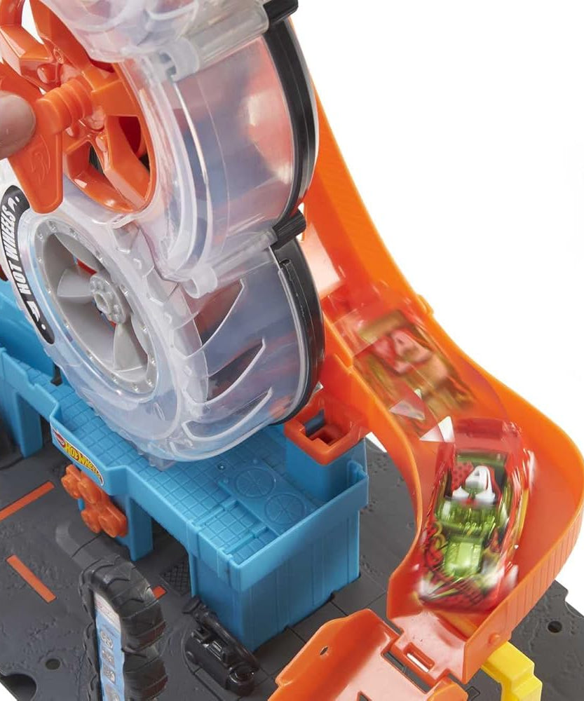 Hot Wheels City Super Twist Tire Shop Playset with Stunt Launcher & 1 Hot Wheels Car – Interactive Car Service Station for Kids 4+ - MINIMEE KIDS