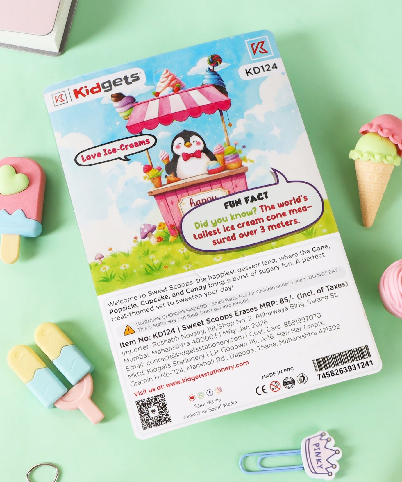 Kidgets KD124 Sweet Scoops 3D Eraser Set | 4-Piece Dessert & Ice Cream Stationery Kit | Fun Collectible Puzzle Erasers for Kids