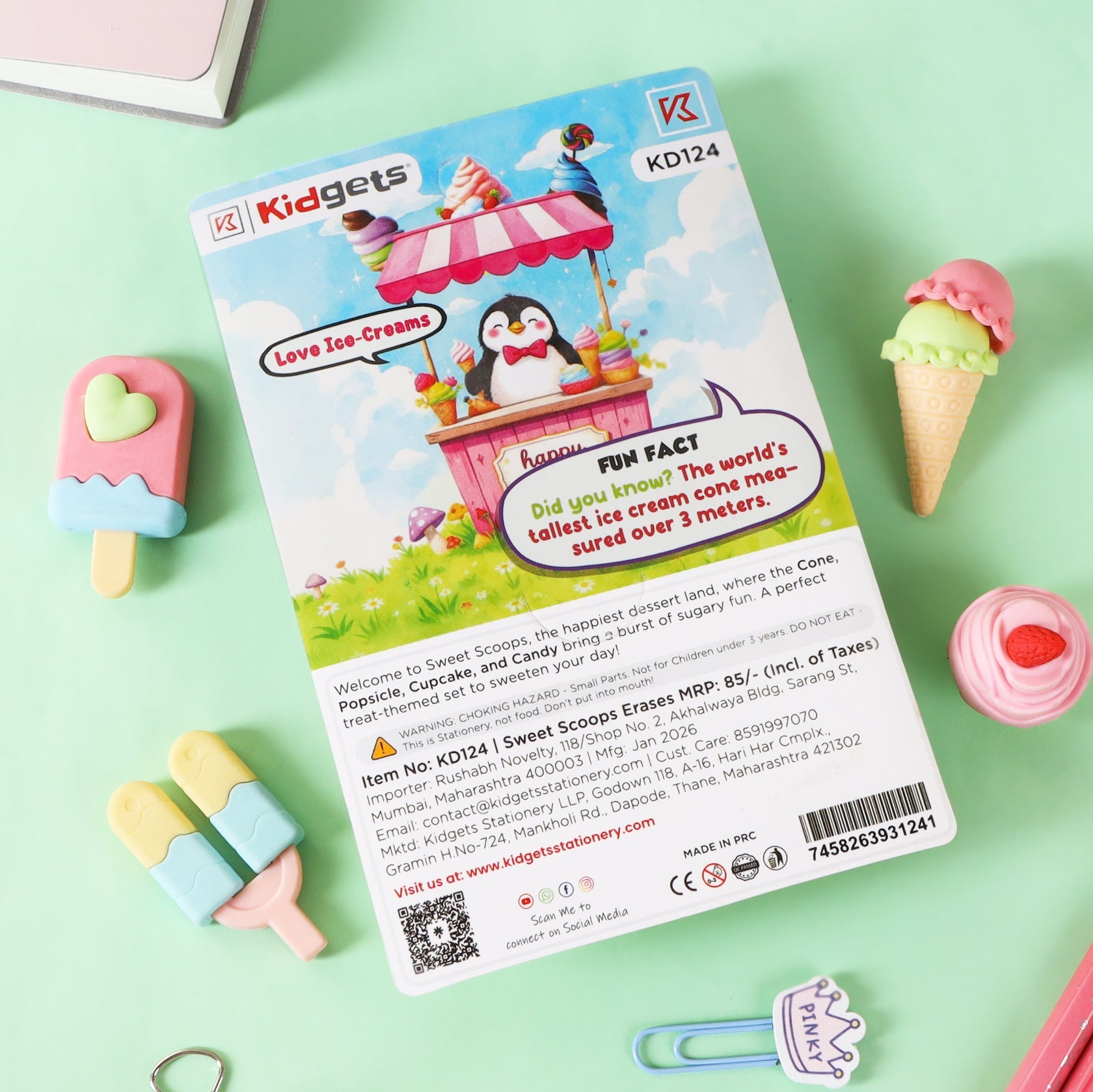 Kidgets KD124 Sweet Scoops 3D Eraser Set | 4-Piece Dessert & Ice Cream Stationery Kit | Fun Collectible Puzzle Erasers for Kids
