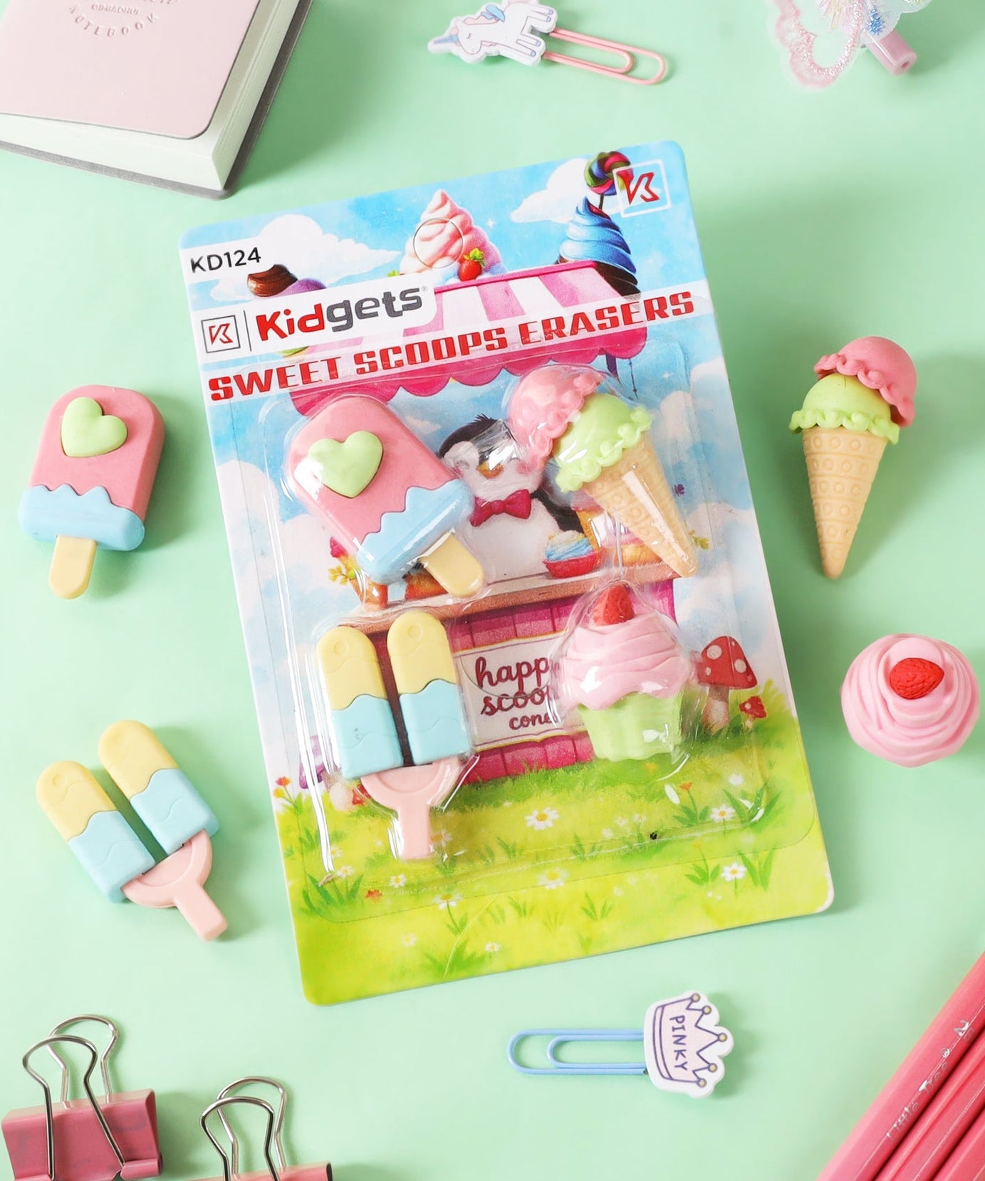 Kidgets KD124 Sweet Scoops 3D Eraser Set | 4-Piece Dessert & Ice Cream Stationery Kit | Fun Collectible Puzzle Erasers for Kids