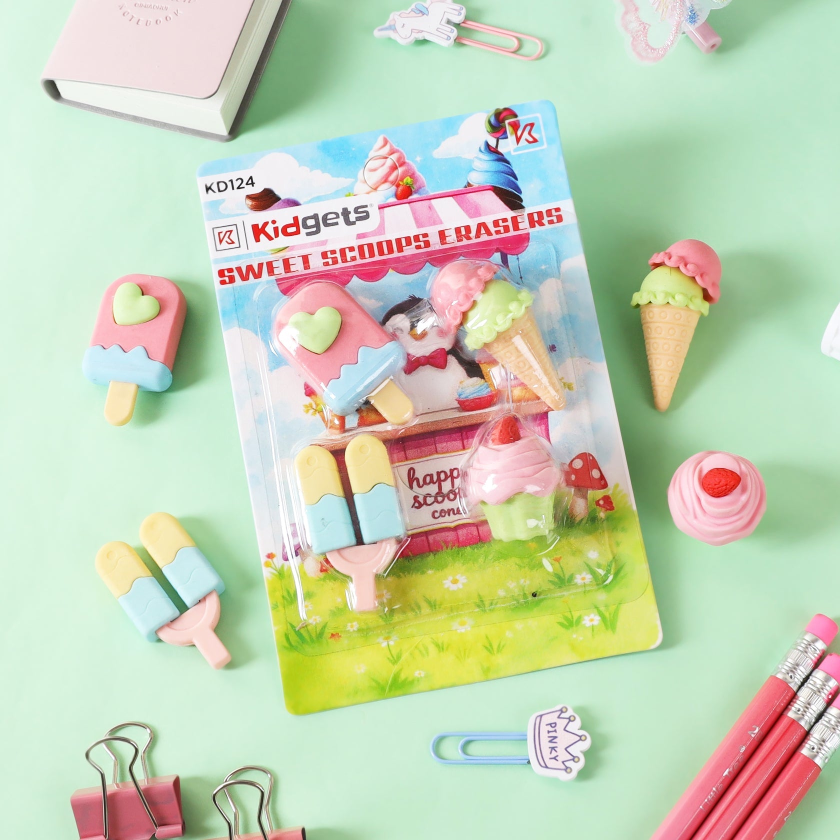 Kidgets KD124 Sweet Scoops 3D Eraser Set | 4-Piece Dessert & Ice Cream Stationery Kit | Fun Collectible Puzzle Erasers for Kids