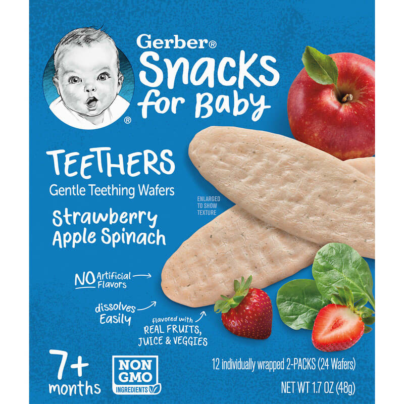 Gerber Snacks for Baby Teethers Strawberry Apple Spinach | Gentle Teething Wafers for 7+ Months