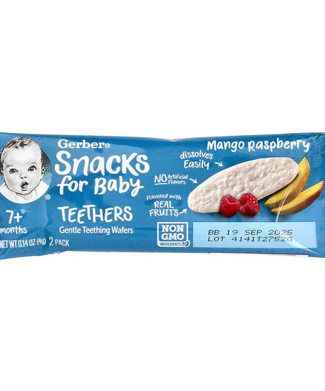 Gerber Snacks for Baby Teethers Gentle Teething Wafers - Mango Raspberry | 7+ Months | Non-GMO | 12 Individually Wrapped 2-Packs | 24 Wafers | 48g - MINIMEE KIDS
