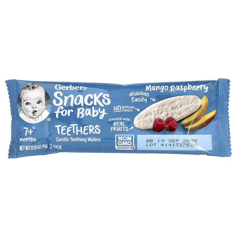 Gerber Snacks for Baby Teethers Gentle Teething Wafers - Mango Raspberry | 7+ Months | Non-GMO | 12 Individually Wrapped 2-Packs | 24 Wafers | 48g