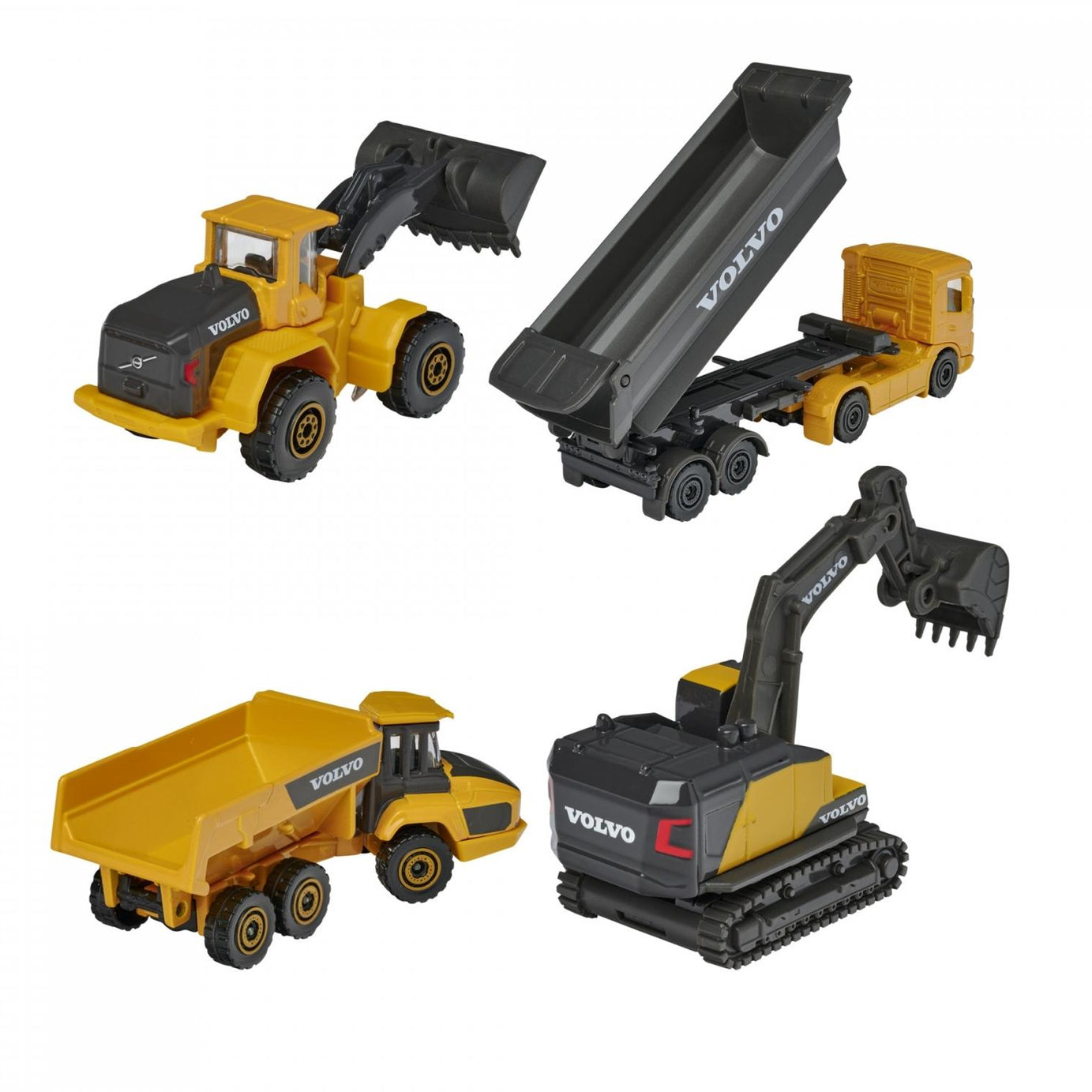 Majorette Volvo Construction 4-Piece Gift Pack – Officially Licensed Volvo Die-Cast Metal Vehicles – Excavator, Wheel Loader, Dump Truck & Hauler – Movable Parts – Freewheel Action – Kids 3+ & Collectors