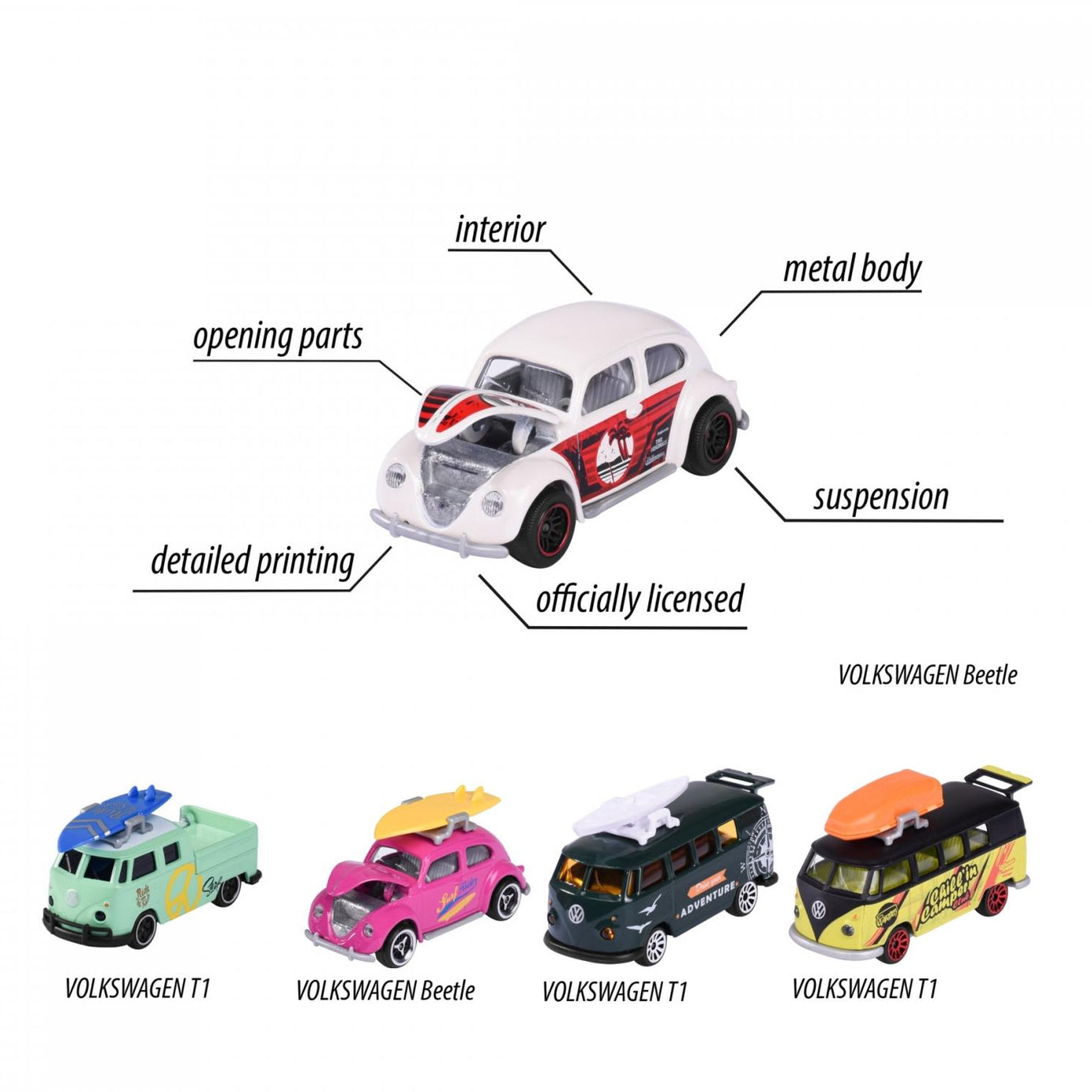 Majorette Volkswagen The Originals 5 Pieces Pack – 1:64 Scale Die-Cast Car Set | Includes Volkswagen Beetle, Volkswagen T1, and 2 Exclusive Models | Classic VW Collector’s Gift Set – 7.5 cm Metal Toy Cars for Kids 3+ Years