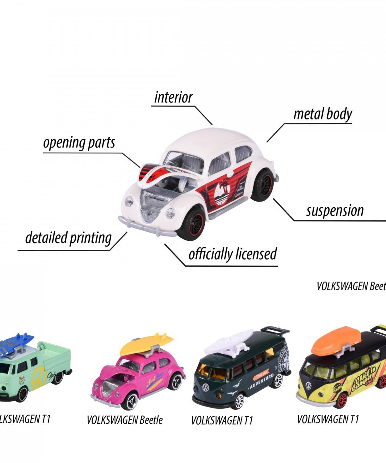 Majorette Volkswagen The Originals 5 Pieces Pack – 1:64 Scale Die-Cast Car Set | Includes Volkswagen Beetle, Volkswagen T1, and 2 Exclusive Models | Classic VW Collector’s Gift Set – 7.5 cm Metal Toy Cars for Kids 3+ Years