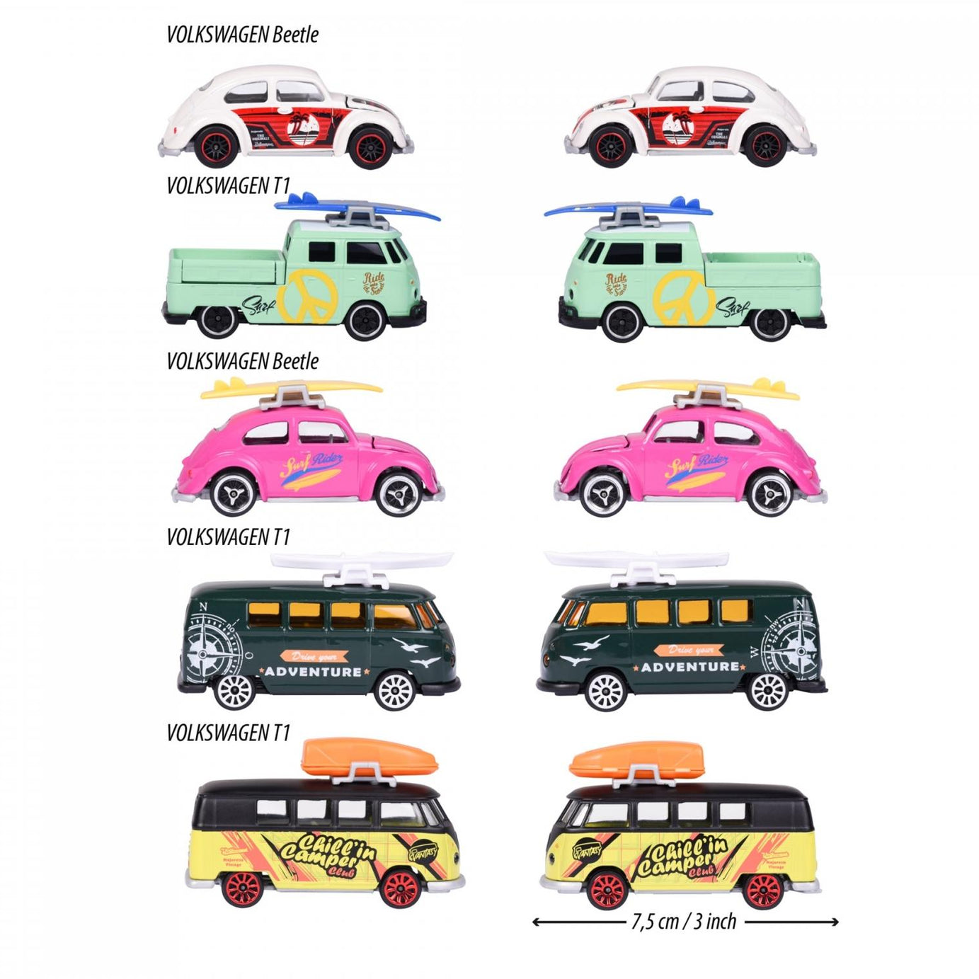 Majorette Volkswagen The Originals 5 Pieces Pack – 1:64 Scale Die-Cast Car Set | Includes Volkswagen Beetle, Volkswagen T1, and 2 Exclusive Models | Classic VW Collector’s Gift Set – 7.5 cm Metal Toy Cars for Kids 3+ Years