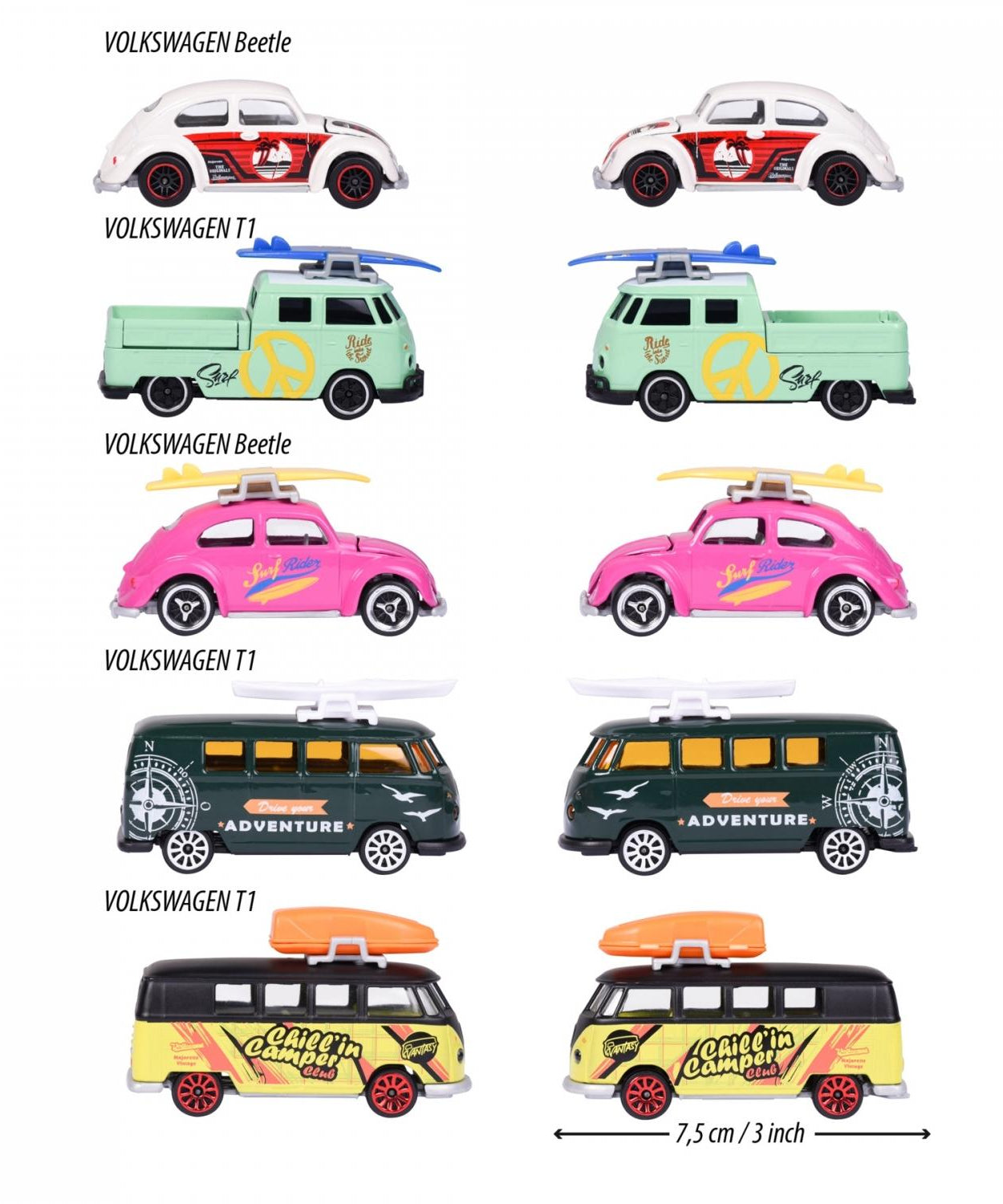 Majorette Volkswagen The Originals 5 Pieces Pack – 1:64 Scale Die-Cast Car Set | Includes Volkswagen Beetle, Volkswagen T1, and 2 Exclusive Models | Classic VW Collector’s Gift Set – 7.5 cm Metal Toy Cars for Kids 3+ Years