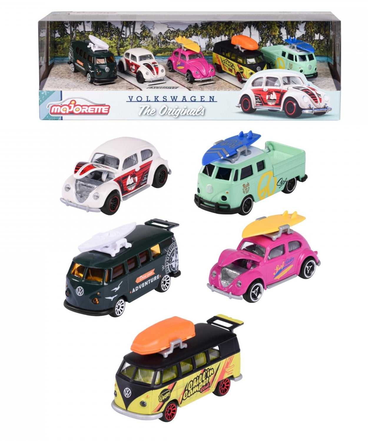 Majorette Volkswagen The Originals 5 Pieces Pack – 1:64 Scale Die-Cast Car Set | Includes Volkswagen Beetle, Volkswagen T1, and 2 Exclusive Models | Classic VW Collector’s Gift Set – 7.5 cm Metal Toy Cars for Kids 3+ Years