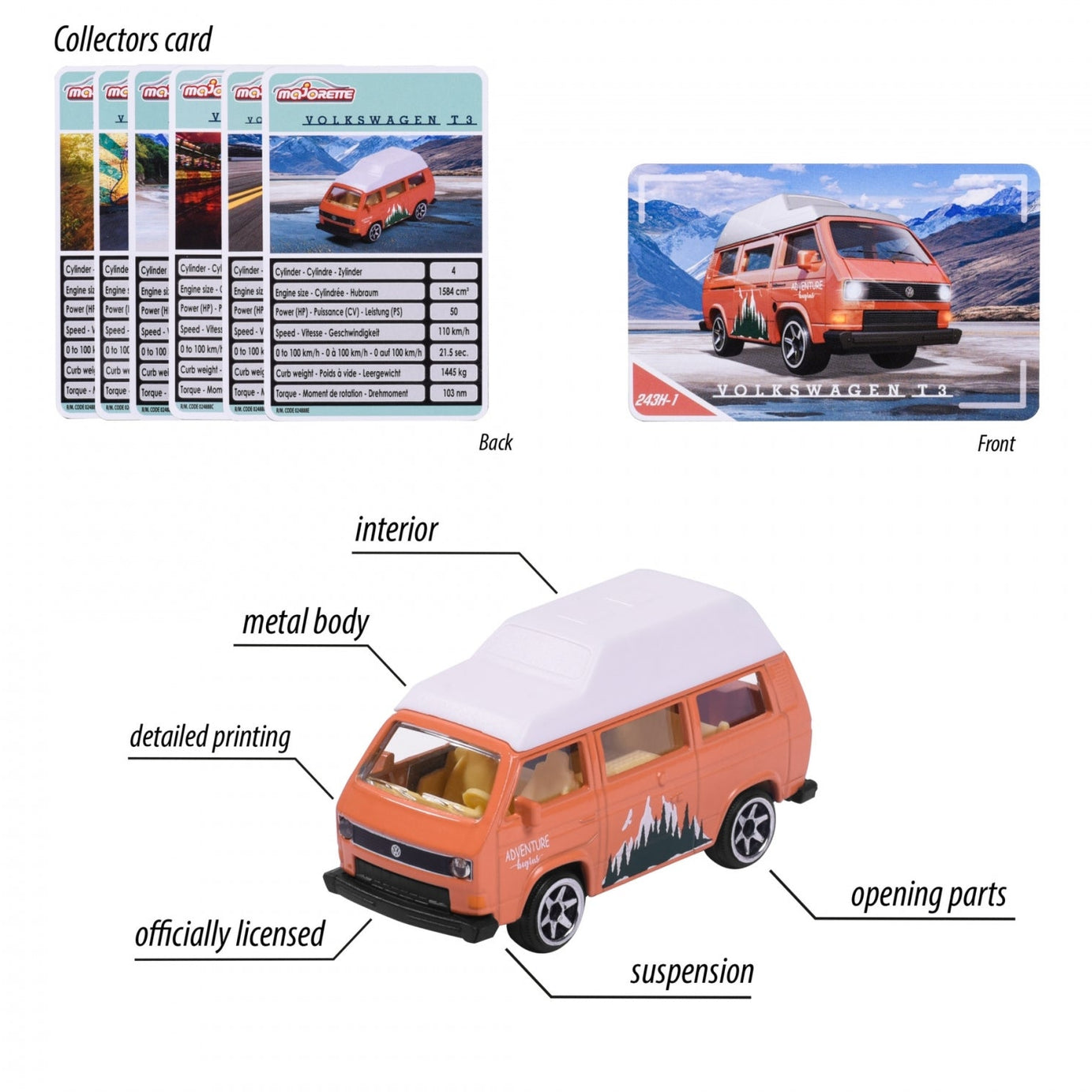 Majorette Volkswagen The Originals Premium Cars (6 Assorted Models) | Officially Licensed Die-Cast VW Beetle | T1 Bus & Golf MK1 with Opening Parts, Suspension & Collector's Card
