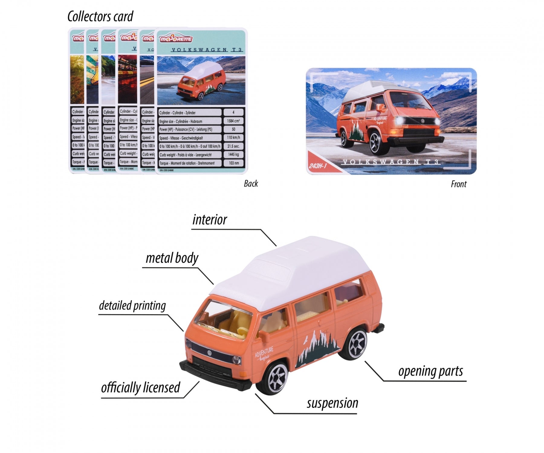 Majorette Volkswagen The Originals Premium Cars (6 Assorted Models) | Officially Licensed Die-Cast VW Beetle | T1 Bus & Golf MK1 with Opening Parts, Suspension & Collector's Card