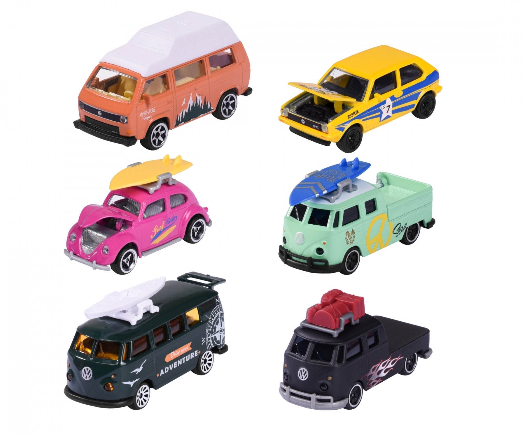 Majorette Volkswagen The Originals Premium Cars (6 Assorted Models) | Officially Licensed Die-Cast VW Beetle | T1 Bus & Golf MK1 with Opening Parts, Suspension & Collector's Card