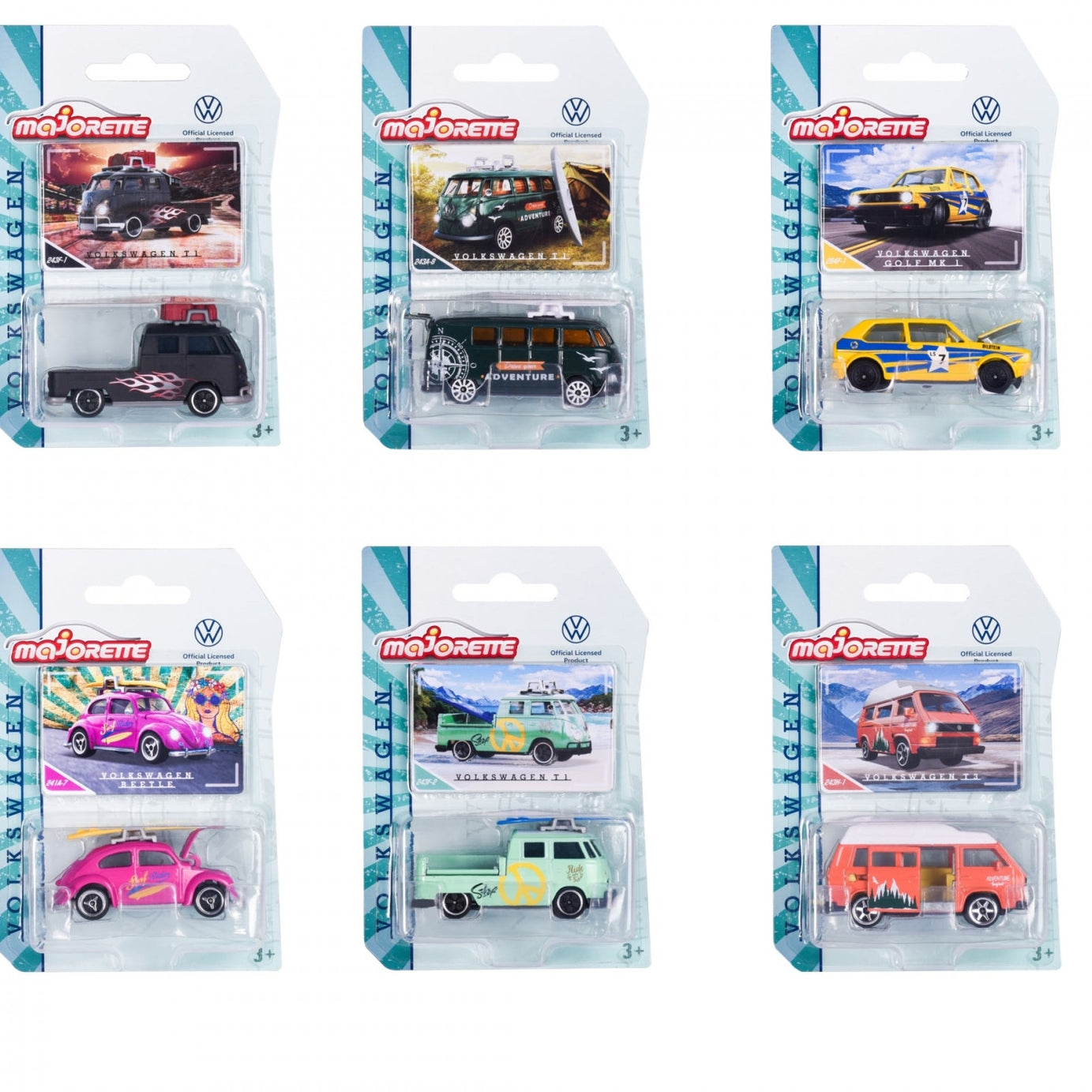 Majorette Volkswagen The Originals Premium Cars (6 Assorted Models) | Officially Licensed Die-Cast VW Beetle | T1 Bus & Golf MK1 with Opening Parts, Suspension & Collector's Card