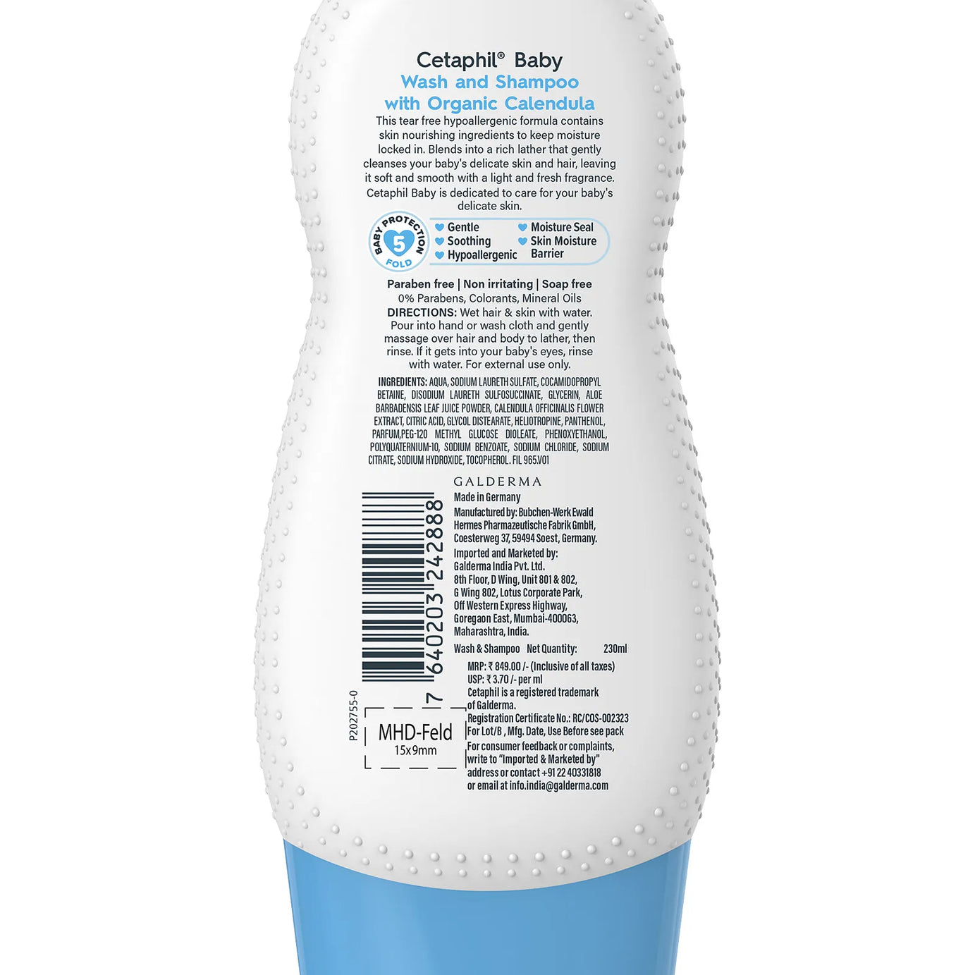 Cetaphil Baby Wash & Shampoo with Organic Calendula & Aloe Vera – Gentle Tear-Free Formula for Daily Head-to-Toe Cleansing (230ml, Paraben-Free, Hypoallergenic)