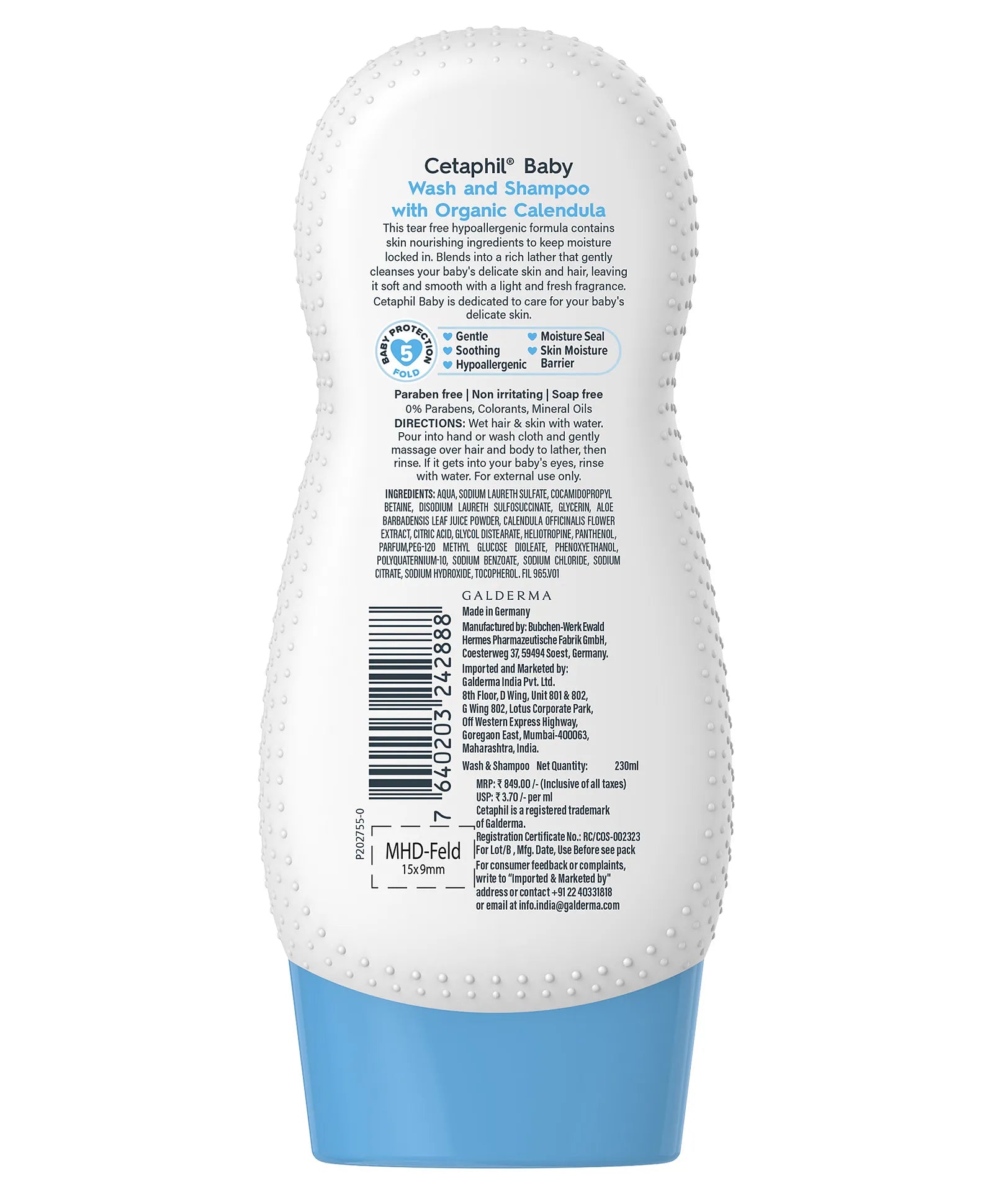 Cetaphil Baby Wash & Shampoo with Organic Calendula & Aloe Vera – Gentle Tear-Free Formula for Daily Head-to-Toe Cleansing (230ml, Paraben-Free, Hypoallergenic)
