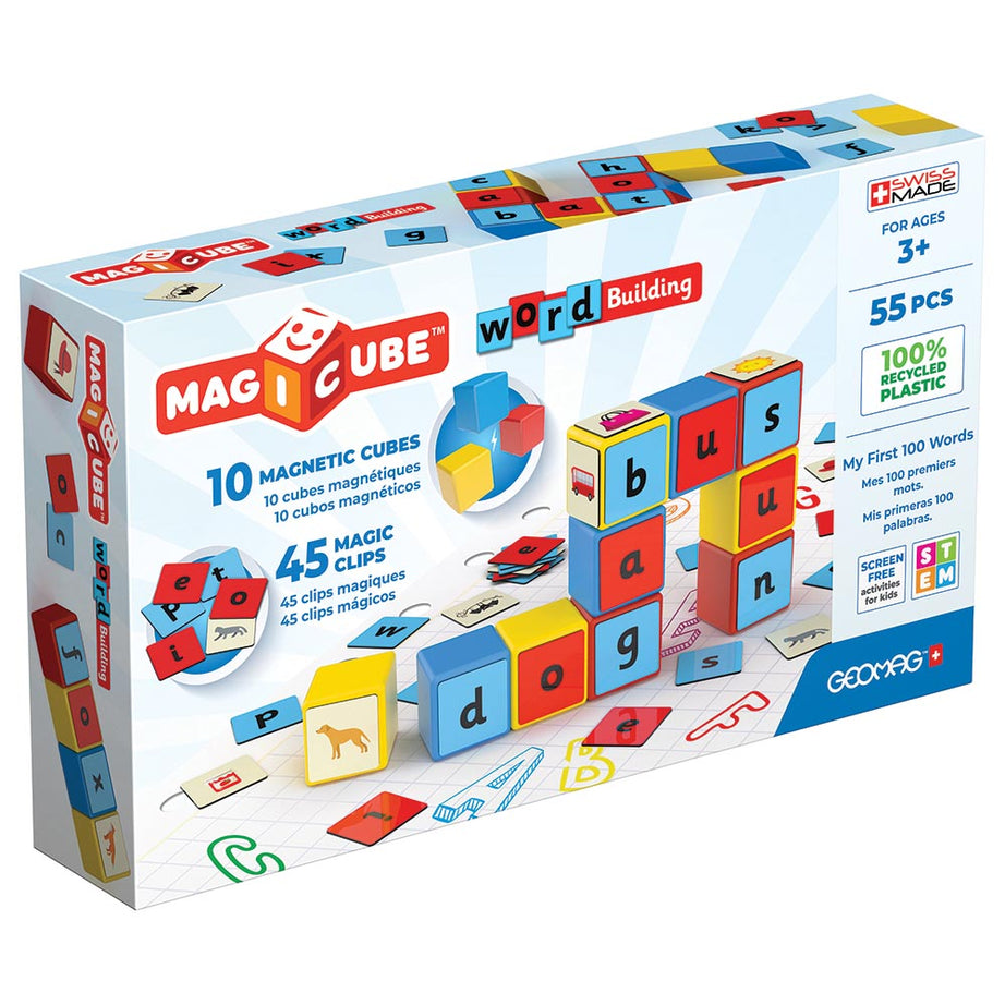 Geomag Magicube 55 Pieces Word Building Magnetic Cubes with Magic Clips for Ages 3+ Years