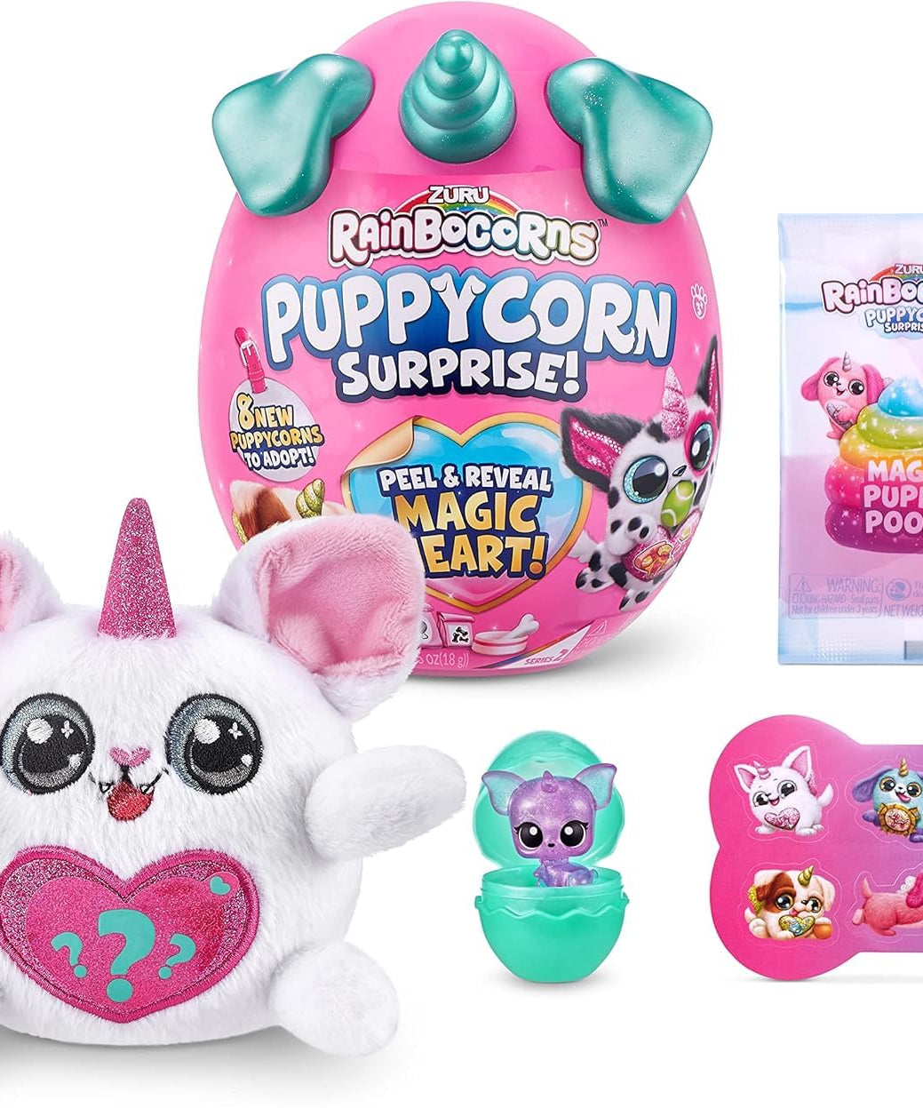 Zuru Rainbocorns Puppycorn Surprise Peel & Reveal Magic Heart - Collectible Plush Stuffed Animal with 7 Surprises, Scratch n Sniff Sticker, Ages 3+ for Girls