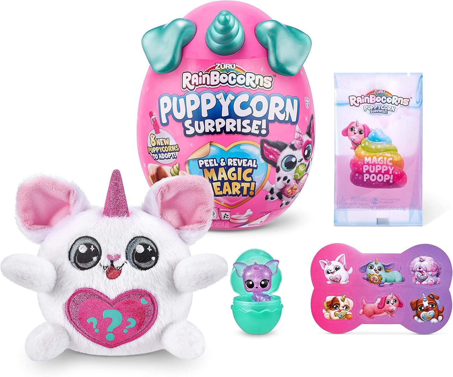 Zuru Rainbocorns Puppycorn Surprise Peel & Reveal Magic Heart - Collectible Plush Stuffed Animal with 7 Surprises, Scratch n Sniff Sticker, Ages 3+ for Girls