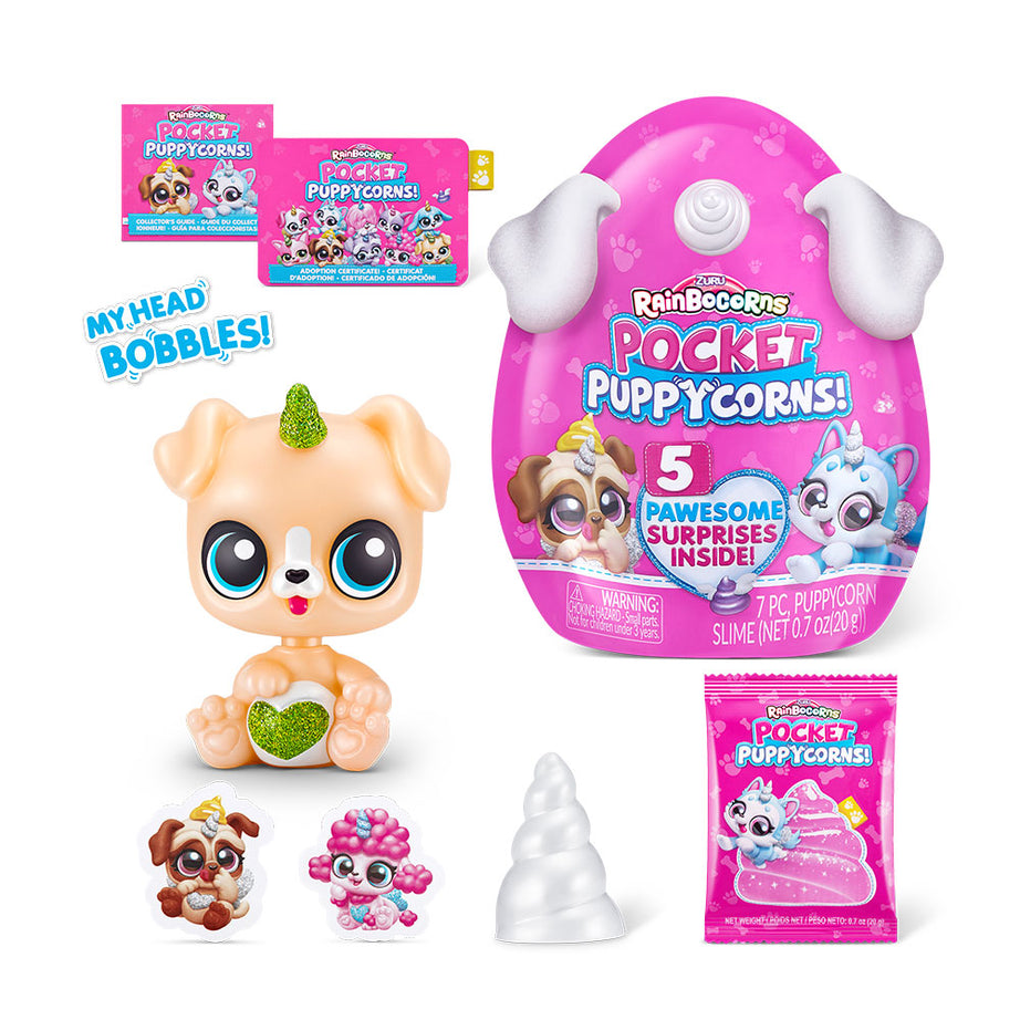 Zuru Rainbocorns Pocket Puppycorns - 7-Piece Collectible Set with Over 5 Surprises Inside, Including Slime and Adoption Certificate for 3+ Years | Color May Vary
